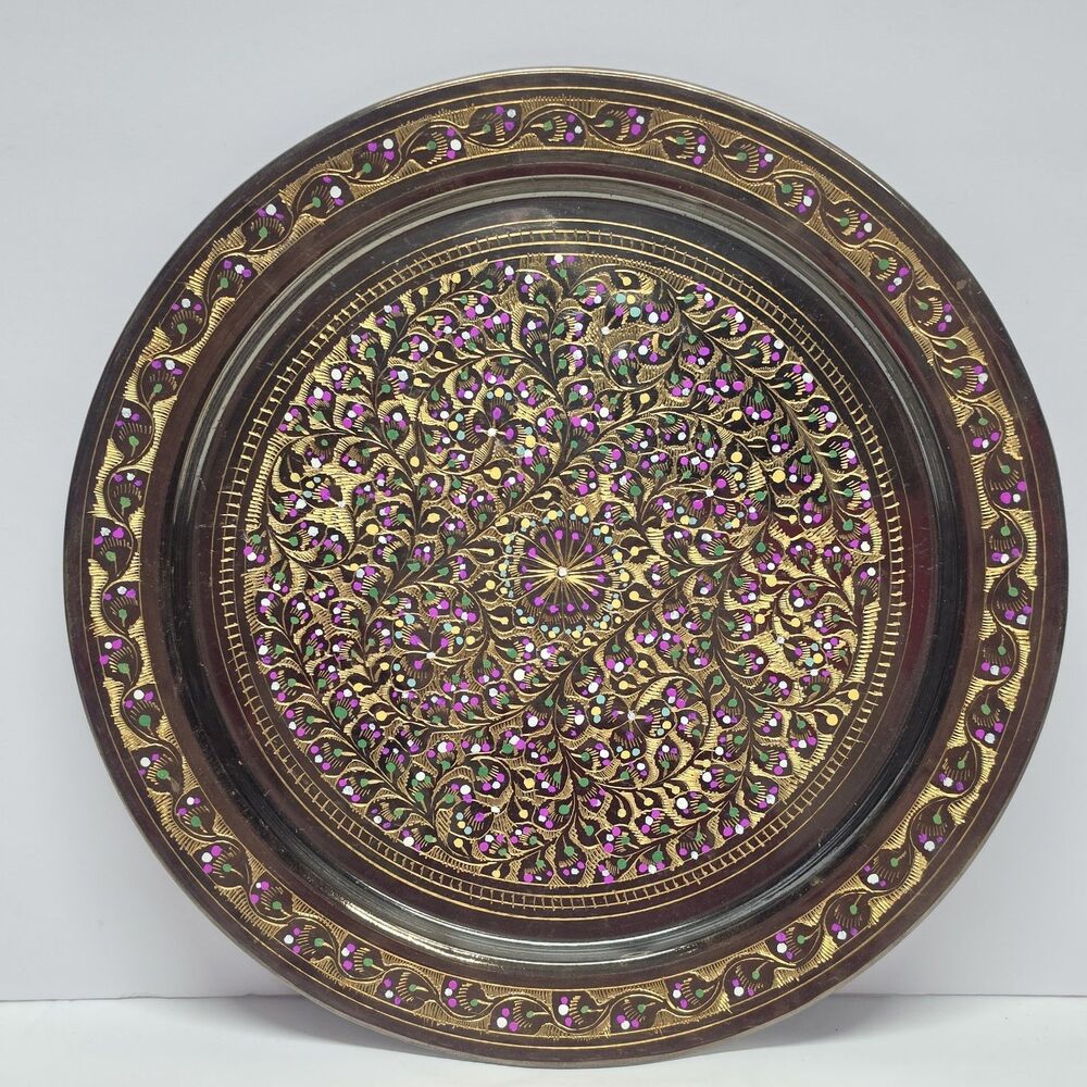 Vintage Damascene Ornate Etched Floral Handpainted Metal Decorative Wall Plate